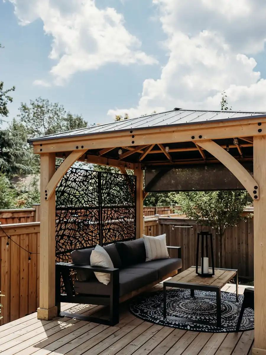 Covered deck with black decorative privacy screen, dark sofa, patterned round rug, and wooden ceiling