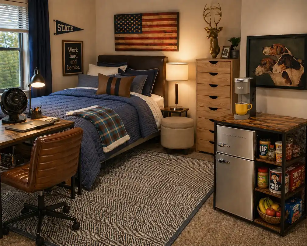 Dorm room snack station with a mini fridge, narrow shelving, drinks, snacks, and pantry storage