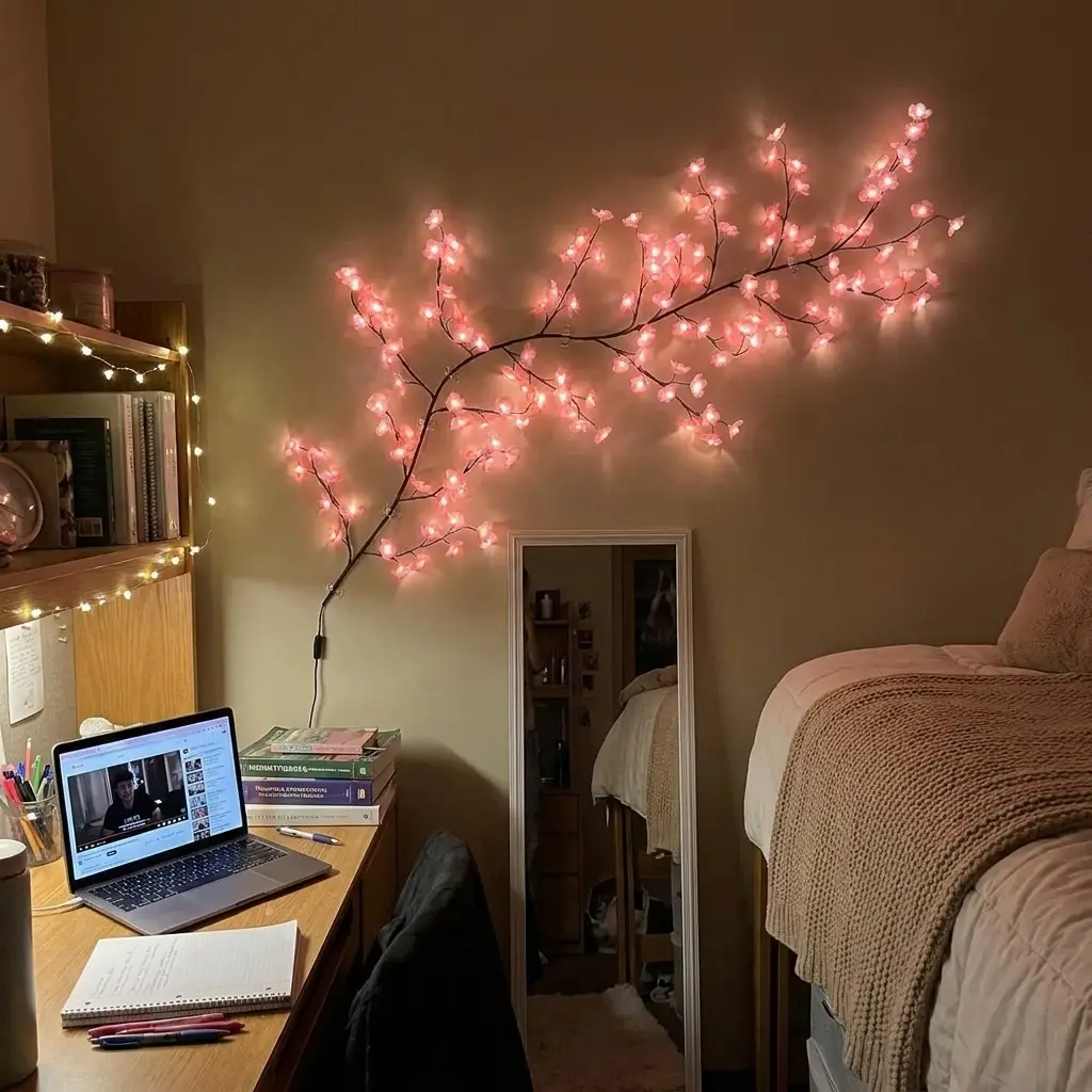 Small dorm desk with glowing branch wall light, laptop, books, and minimal decor