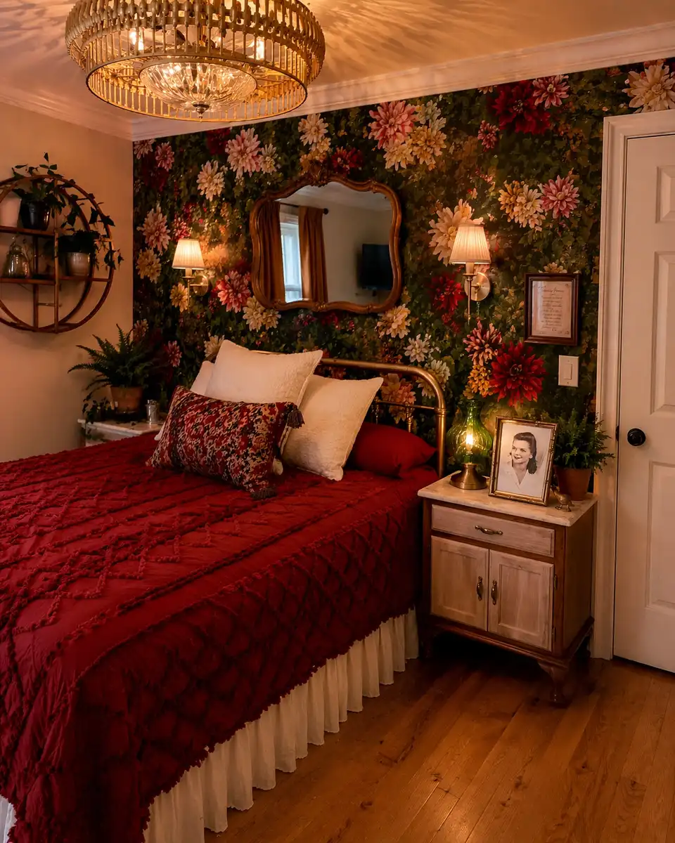 Moody bedroom with dark floral wallpaper, deep red bedding, brass bed frame, vintage mirror, warm lamps, and cream pillows
