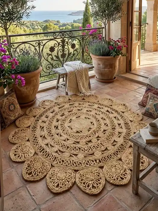 Round natural woven outdoor rug beneath balcony furniture with wooden accents and potted plants.