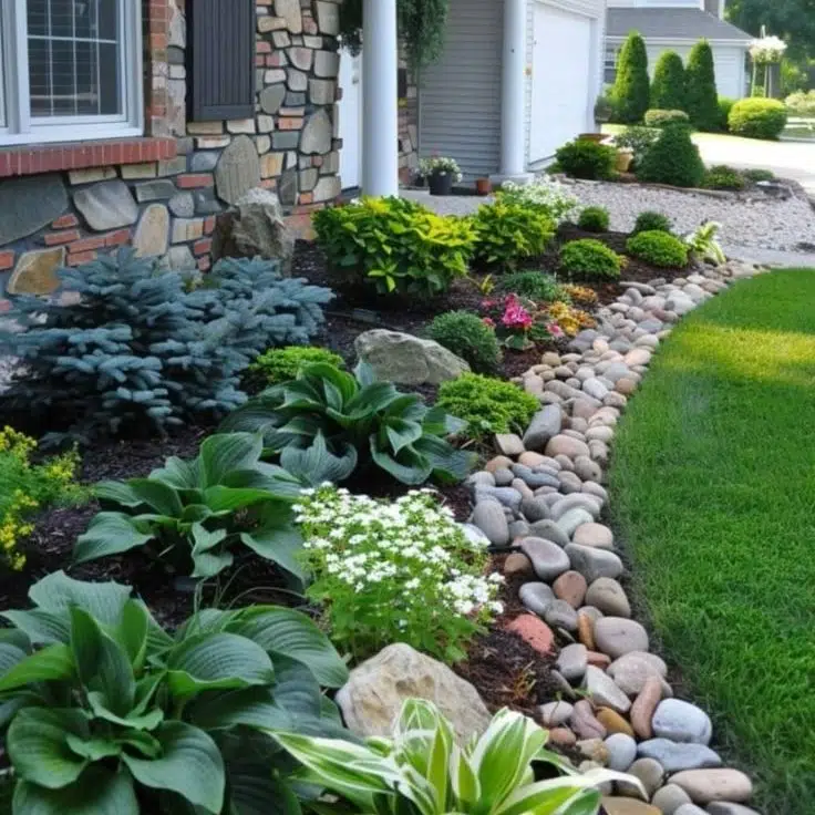 Large rounded river stones bordering a lawn beside broad green leaves and pale flowering plants.