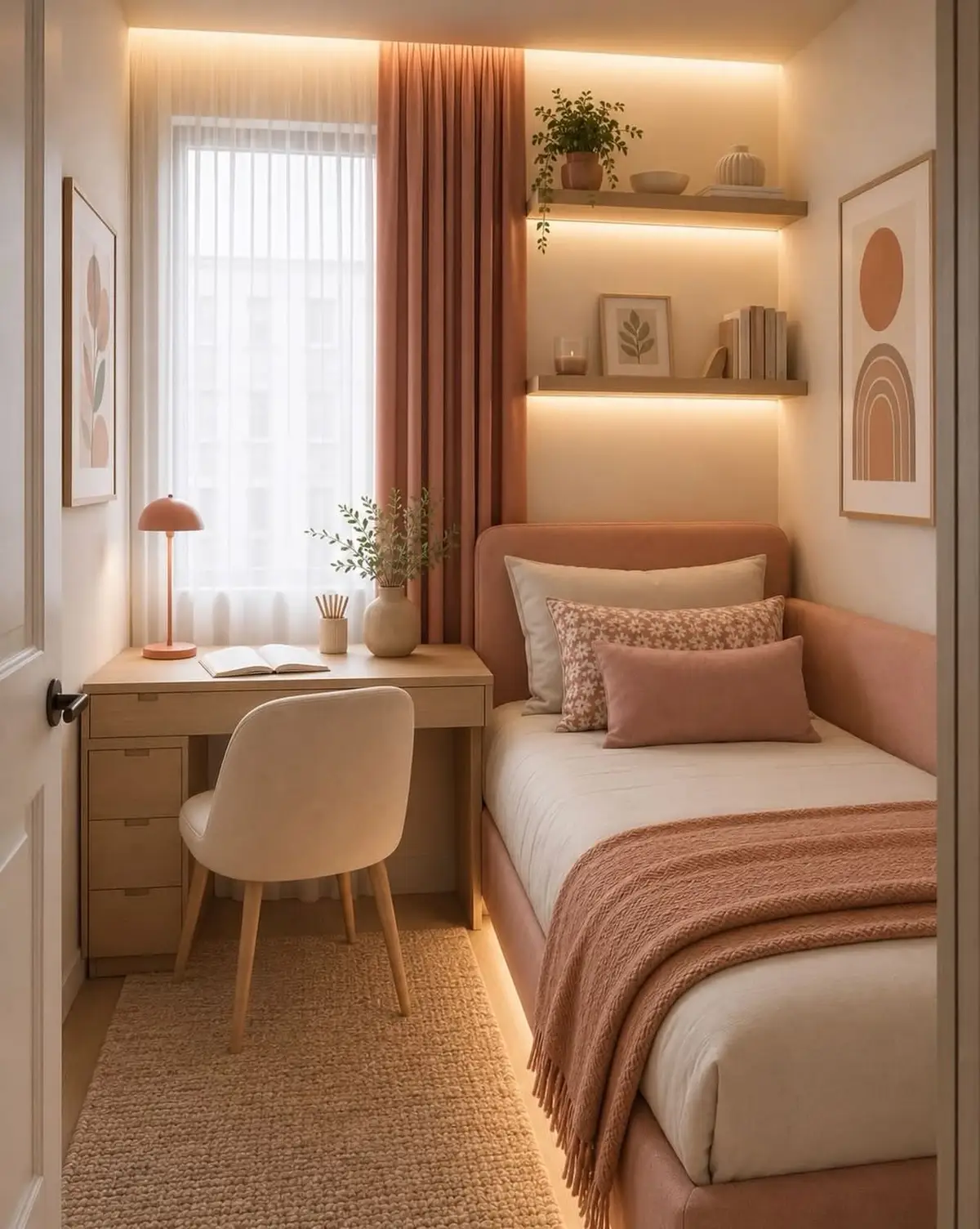 Small bedroom with compact desk beside the bed, floating shelves and soft pink curtains