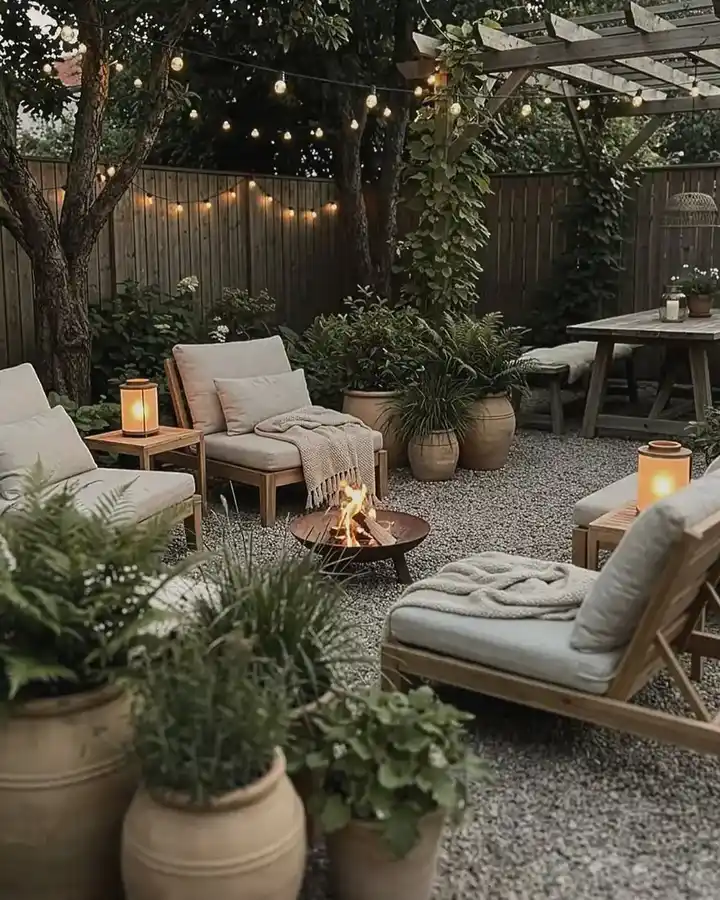 Cozy garden fire pit surrounded by lounge chairs, large planters, greenery, and outdoor lighting