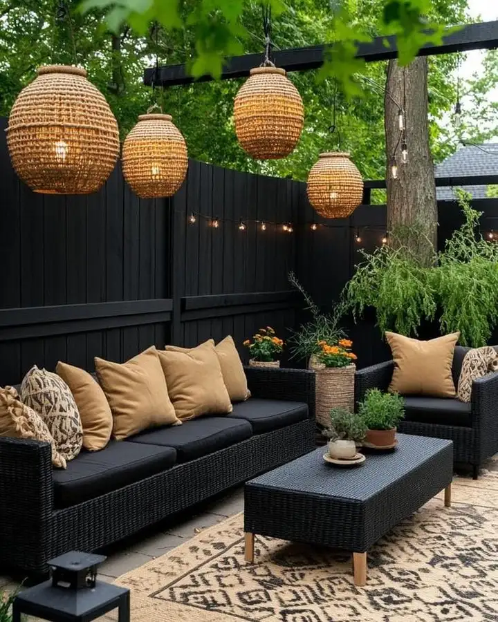 Black wicker patio sofa with caramel cushions, oversized woven pendant lanterns, and neutral outdoor rug