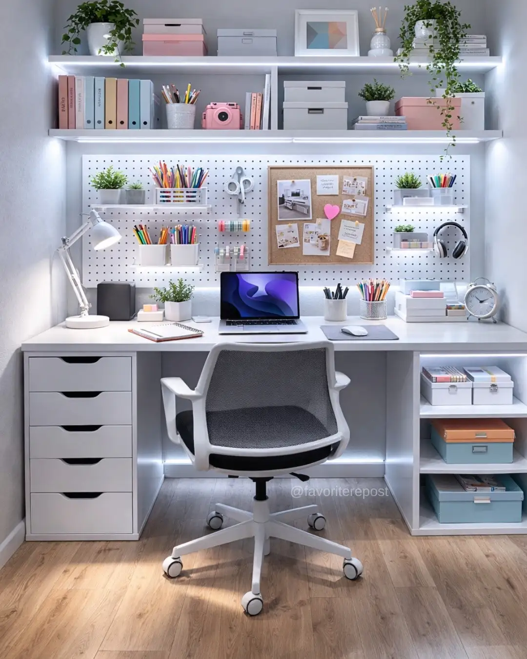 Organized dorm desk with pegboard, pens, shelves, drawers, books, and plants