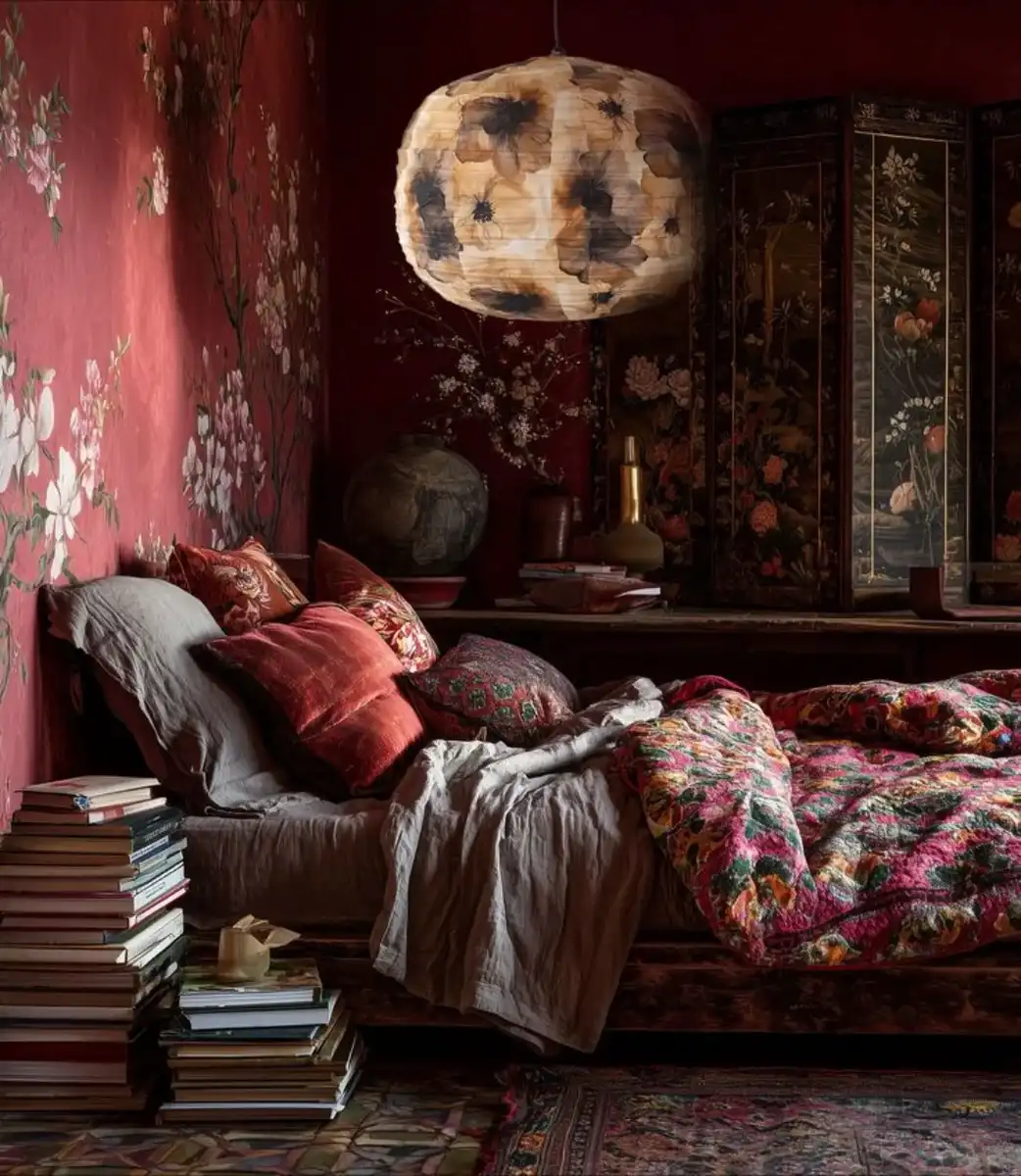 Burgundy boho bedroom with deep red walls, floral bedding, rust pillows, gray linens, stacked books, and a patterned room divider