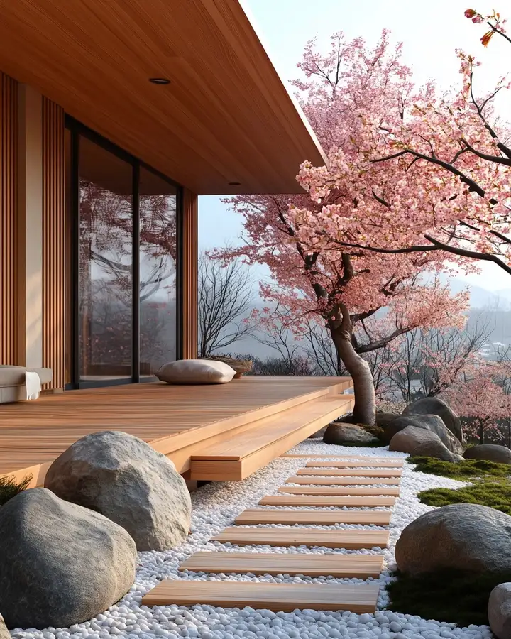Japanese garden with a flowering cherry tree, wooden veranda, and stone stepping path