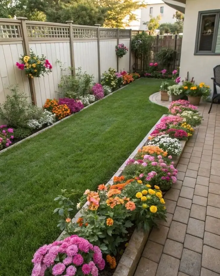 Narrow front yard flower bed filled with colorful flowers along a fence and paved walkway