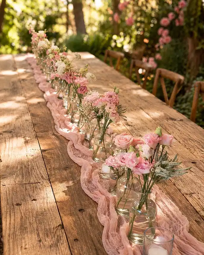 Rustic wooden outdoor table with a narrow garland of pink flowers running down the center
