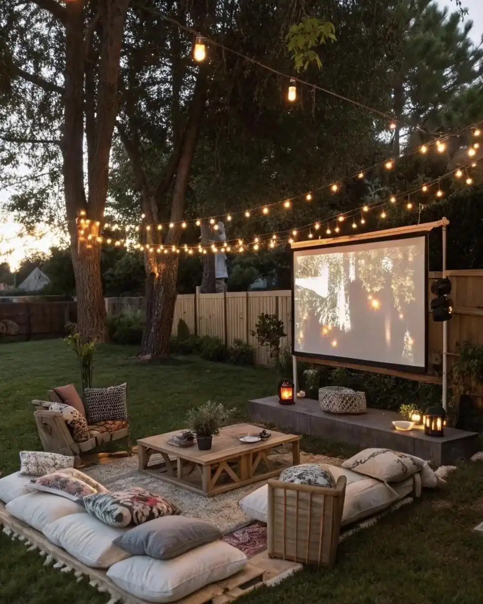 Outdoor string lights above a backyard movie night seating area with rugs and cushions