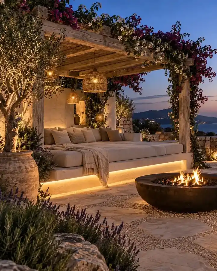 Round fire pit beside a pergola with covered seating, cushions, and surrounding garden plants
