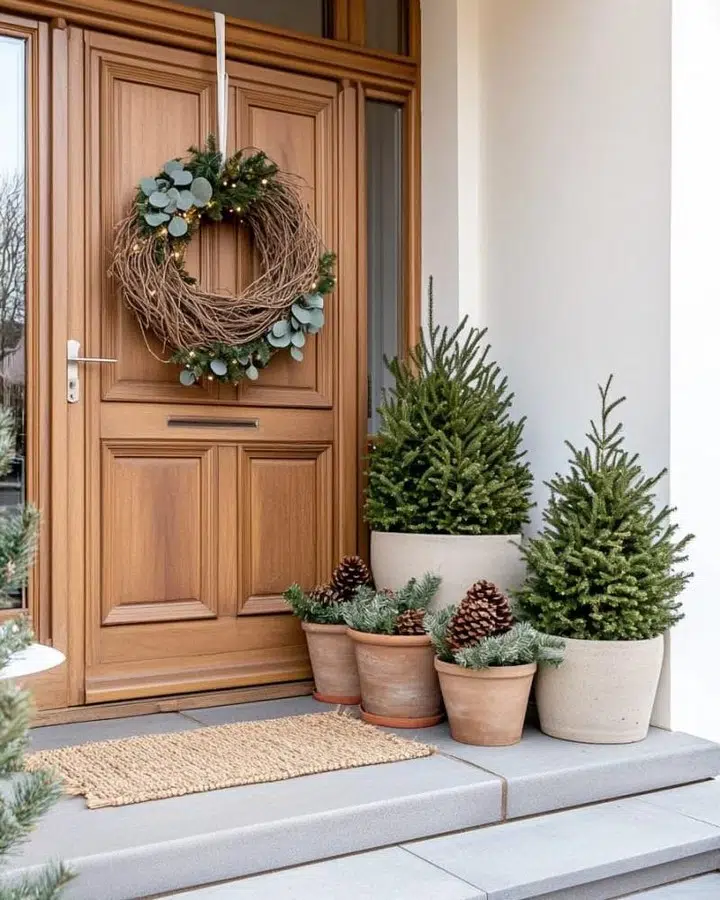 Farmhouse front door with a green wreath and layered planters in terracotta and neutral tones