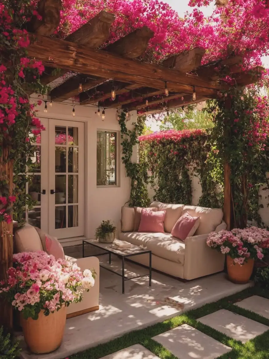 Wooden pergola covered with bright pink bougainvillea, cream sofas, pink cushions, and terracotta flowerpots