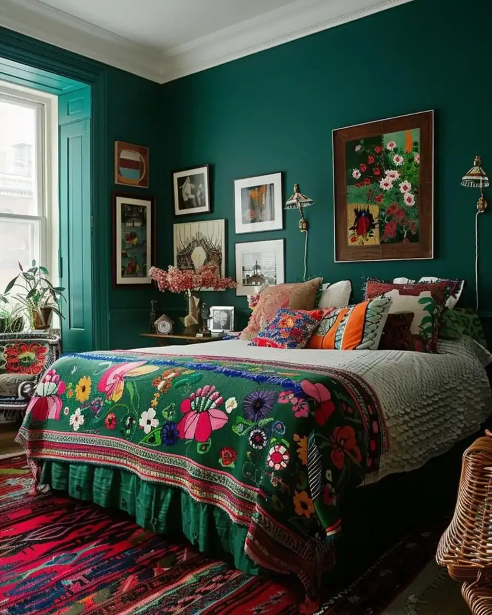 Deep teal bedroom with gray bedding, colorful floral blanket, patterned rug, bright pillows, plants, and layered boho decor