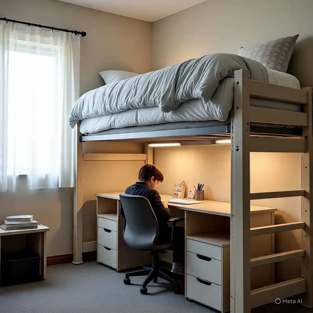 Lofted dorm bed with a full study desk, chair, drawers, and lighting underneath