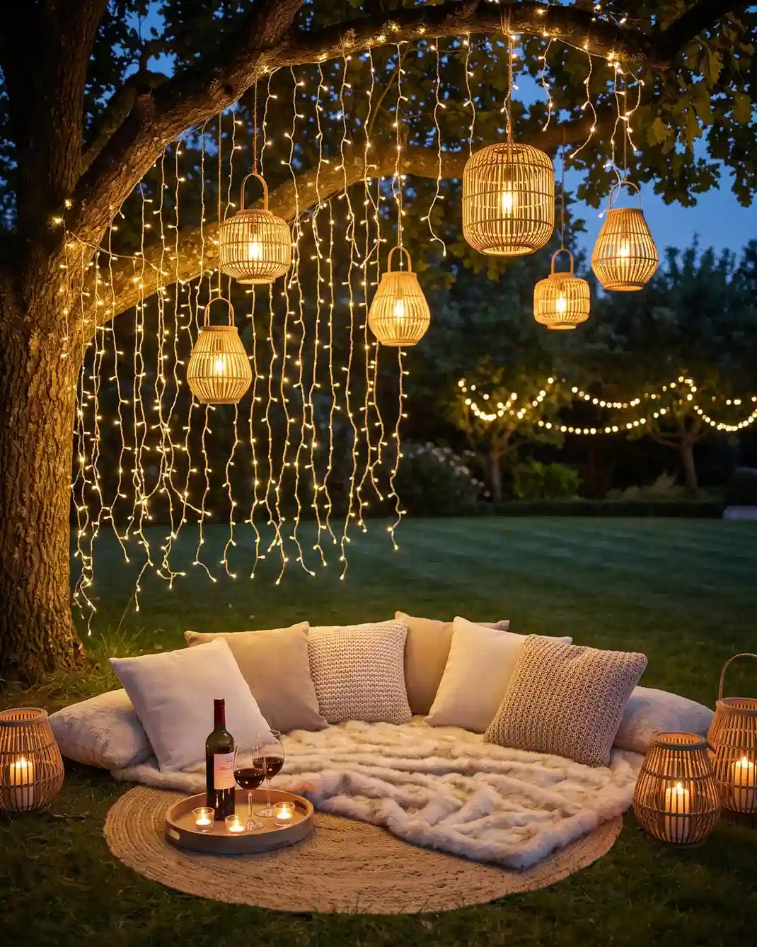 Cozy garden seating nook with outdoor string lights, a pale sofa, cushions, and lanterns