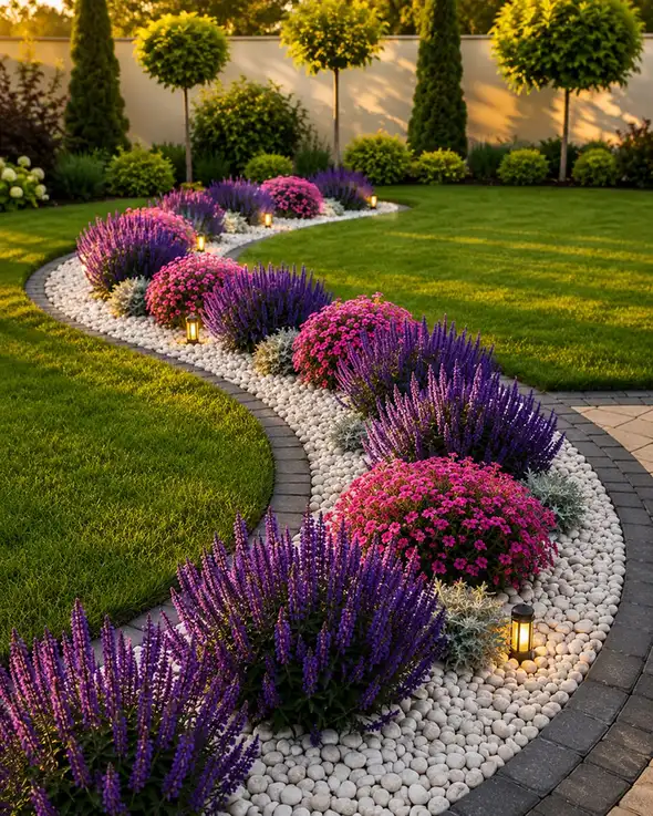 Curved front lawn flower beds filled with lavender-colored flowers and outlined with pale gravel