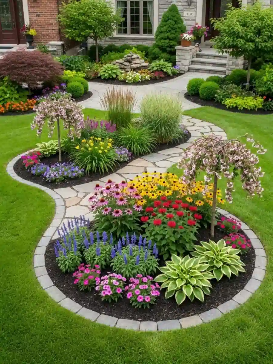 Separate rounded flower beds filled with colorful blooms across a green front lawn.