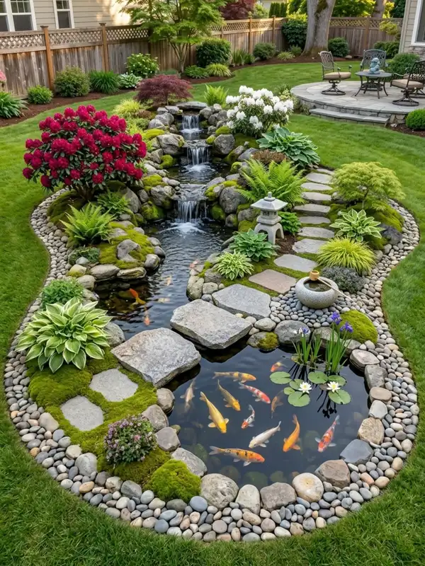 Japanese garden with a curved pond, stepping stones, rounded shrubs, rocks, and red flowers