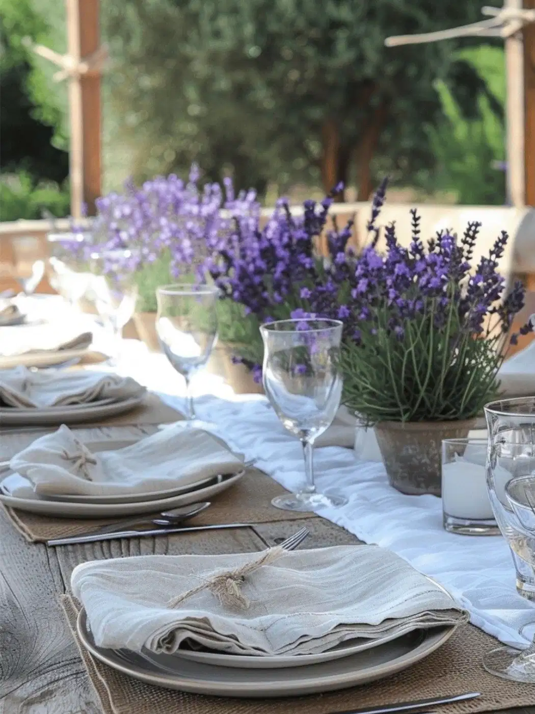 Outdoor table decorated with lavender-colored flowers, pale plates, and neutral linens