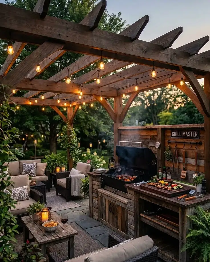 Rustic outdoor kitchen with built-in grill, wooden prep counter, wicker seating, and timber pergola