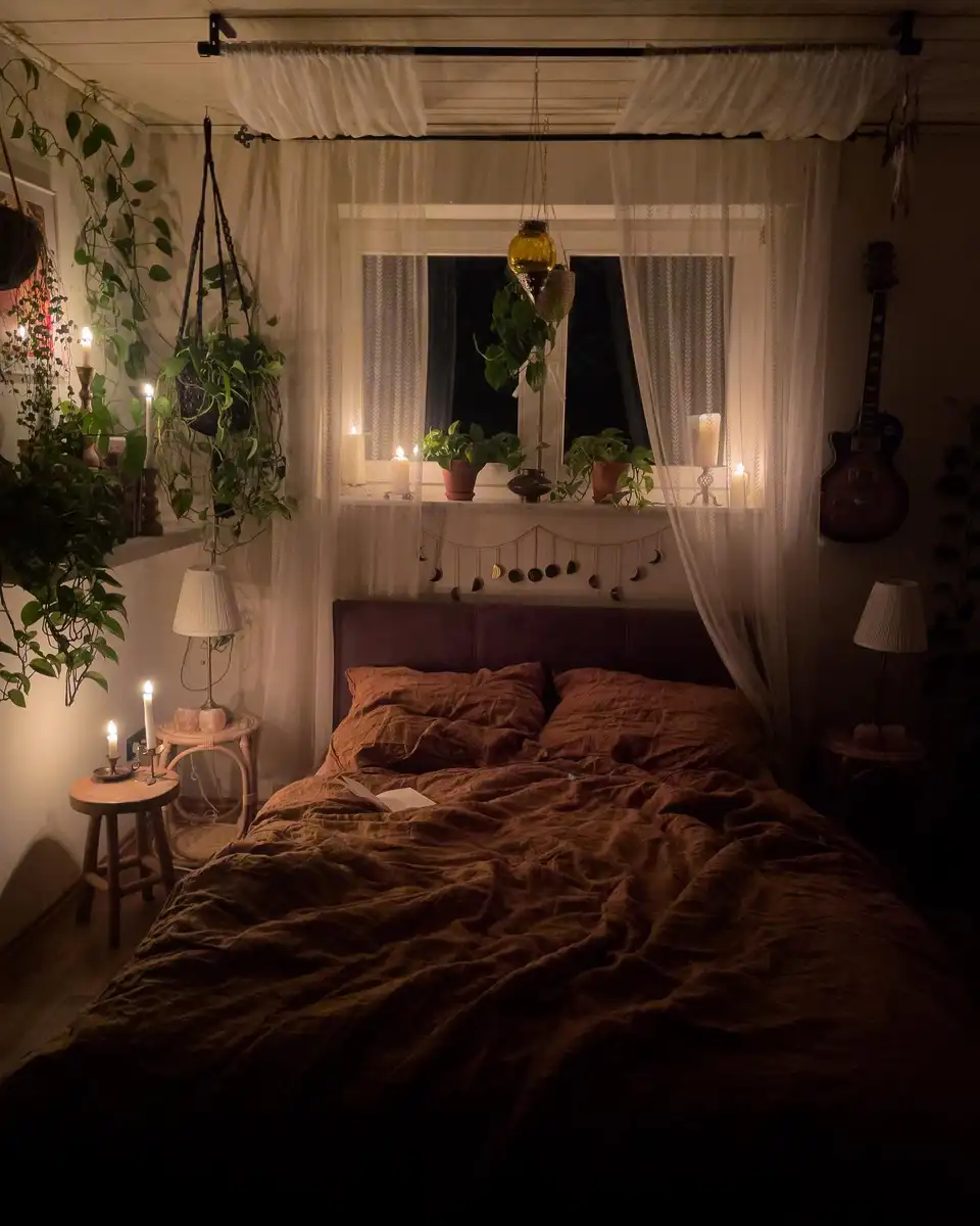 Cozy boho bedroom with brown bedding, sheer canopy curtains, hanging plants, candles, warm lamps, and soft evening lighting