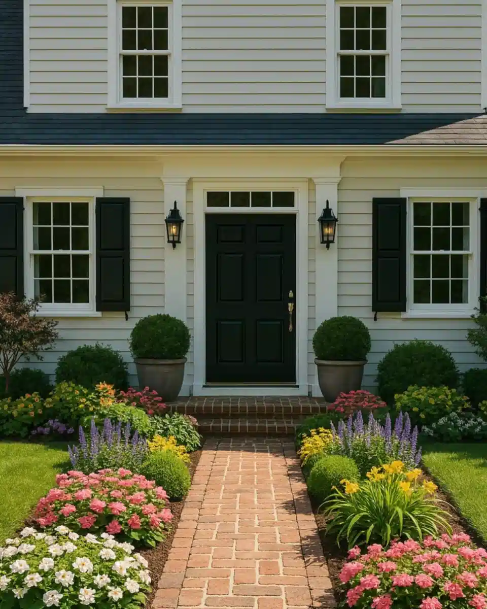 Brick walkway leading to the front door with matching flower beds, rounded shrubs, and colorful flowers on both sides.
