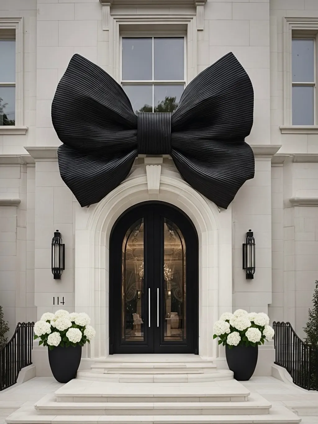 Light gray front door with an oversized black bow and matching white flower planters
