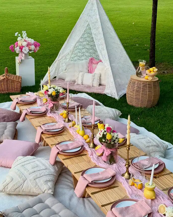 Whimsical outdoor picnic setup with a small tent, floor cushions, flowers, and colorful table decorations
