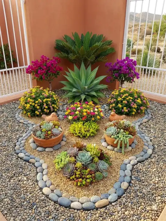 Small front yard rock garden with succulents, gravel, stones, and pink and yellow flowers