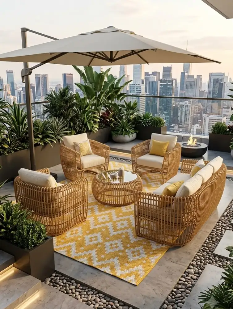 Ochre geometric outdoor rug beneath woven patio chairs and sandy cushions under a large umbrella.