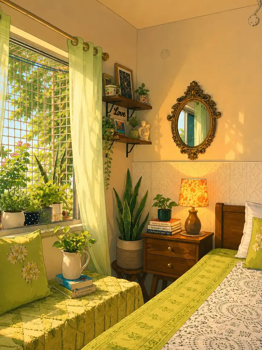Cozy bedroom window corner filled with plants, narrow bench, ornate mirror and warm lamp