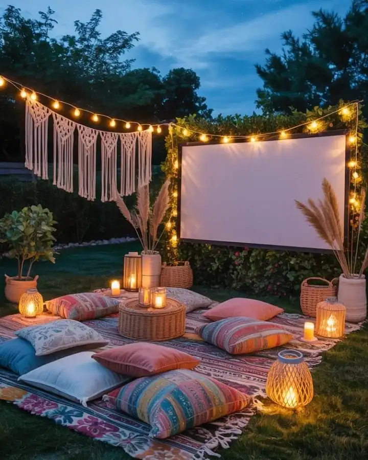 Casual backyard fire pit with floor cushions, colorful textiles, fabric canopy, and string lights