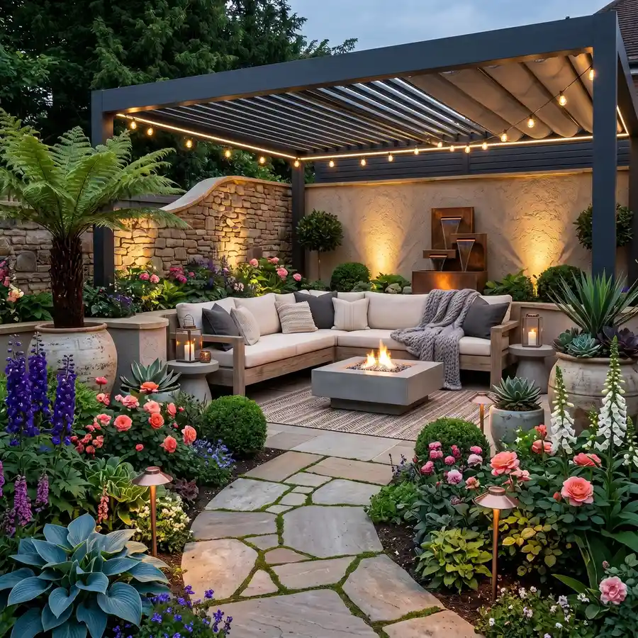 Modern patio with dark pergola, L-shaped sofa, square fire table, stone walls, and colorful flower beds