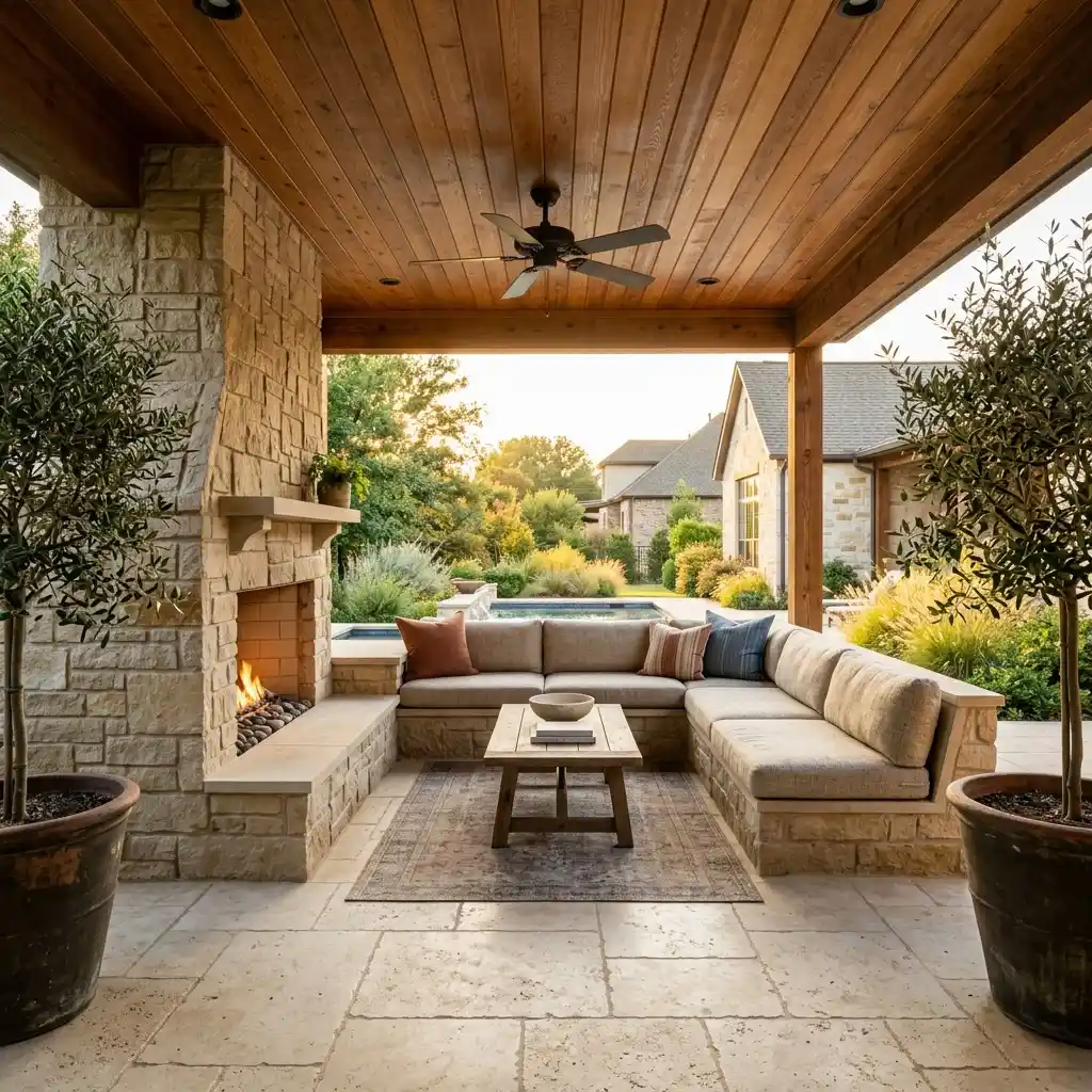 Large covered porch with central stone fireplace, wicker seating, wood ceiling, and pale rug