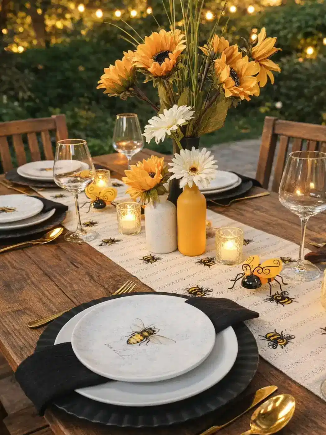 Outdoor wooden dining table with white plates, dark chargers, yellow flowers, and candles