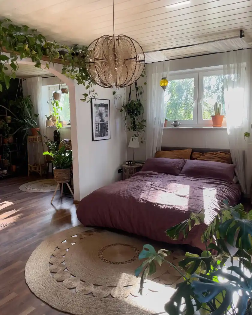 Bright boho bedroom with white walls, dusty plum bedding, brown pillows, sheer curtains, hanging plants, and a woven rug
