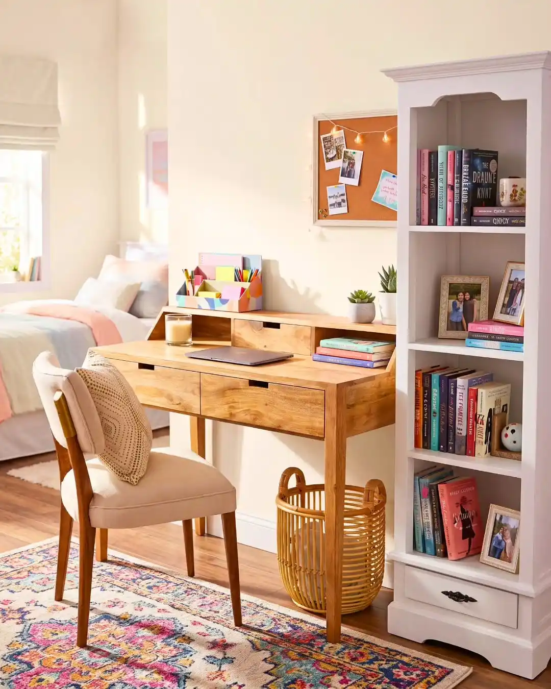 Wood dorm desk beside a tall bookcase with baskets, books, chair, and warm decor