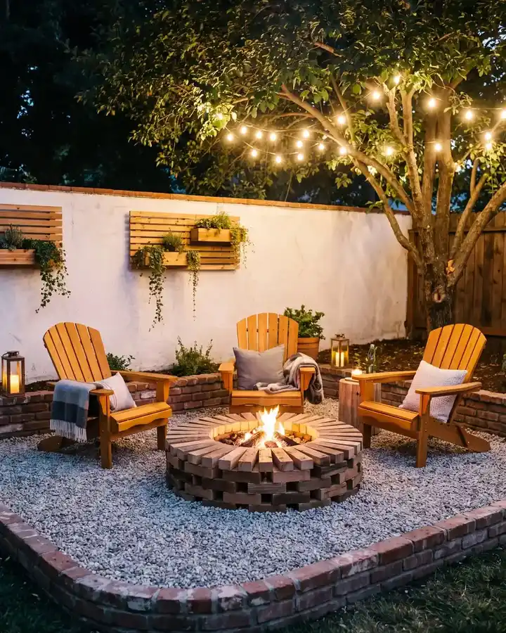Backyard fire pit seating area framed by a white garden wall, plants, and warm outdoor lighting