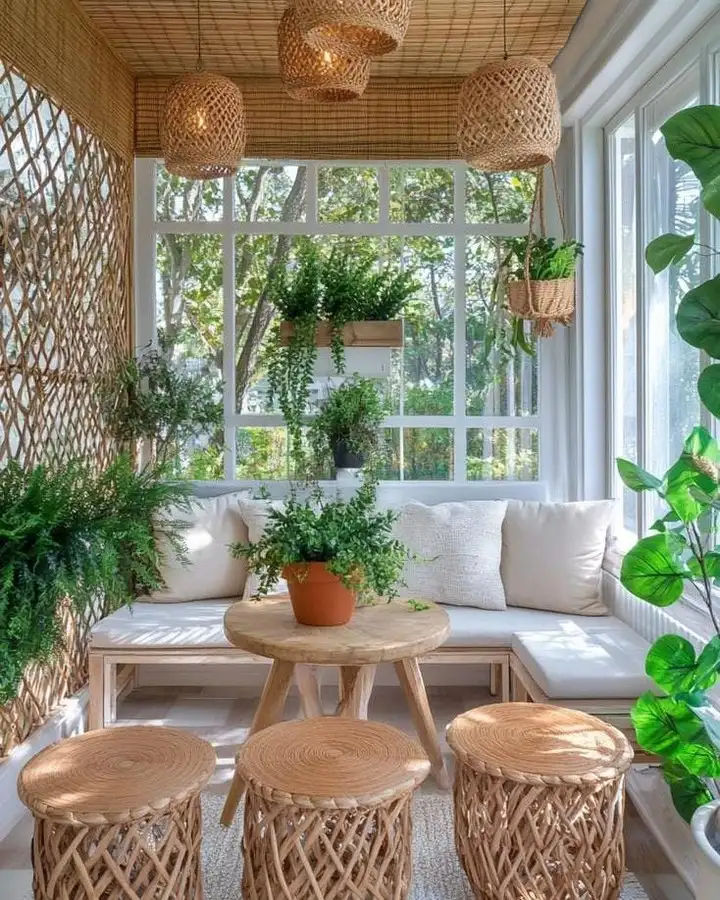 Enclosed porch with wicker seating, pale sofa and chairs, many plants, and a patterned ceiling.