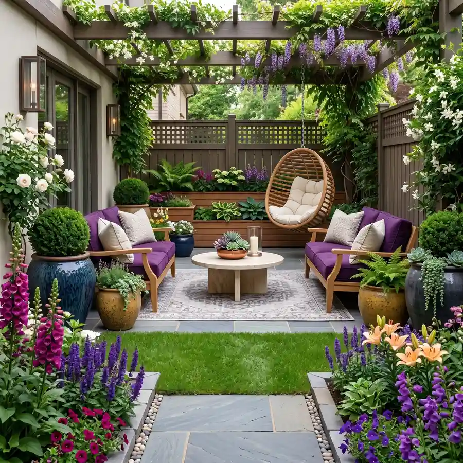 Garden patio with purple cushions, wooden pergola, hanging egg chair, and flowering plants