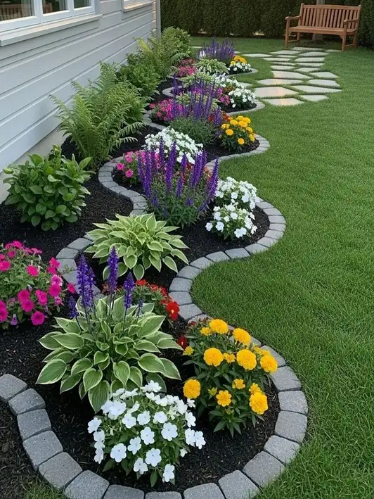 Front lawn divided by several small circular flower beds filled with colorful flowers and greenery
