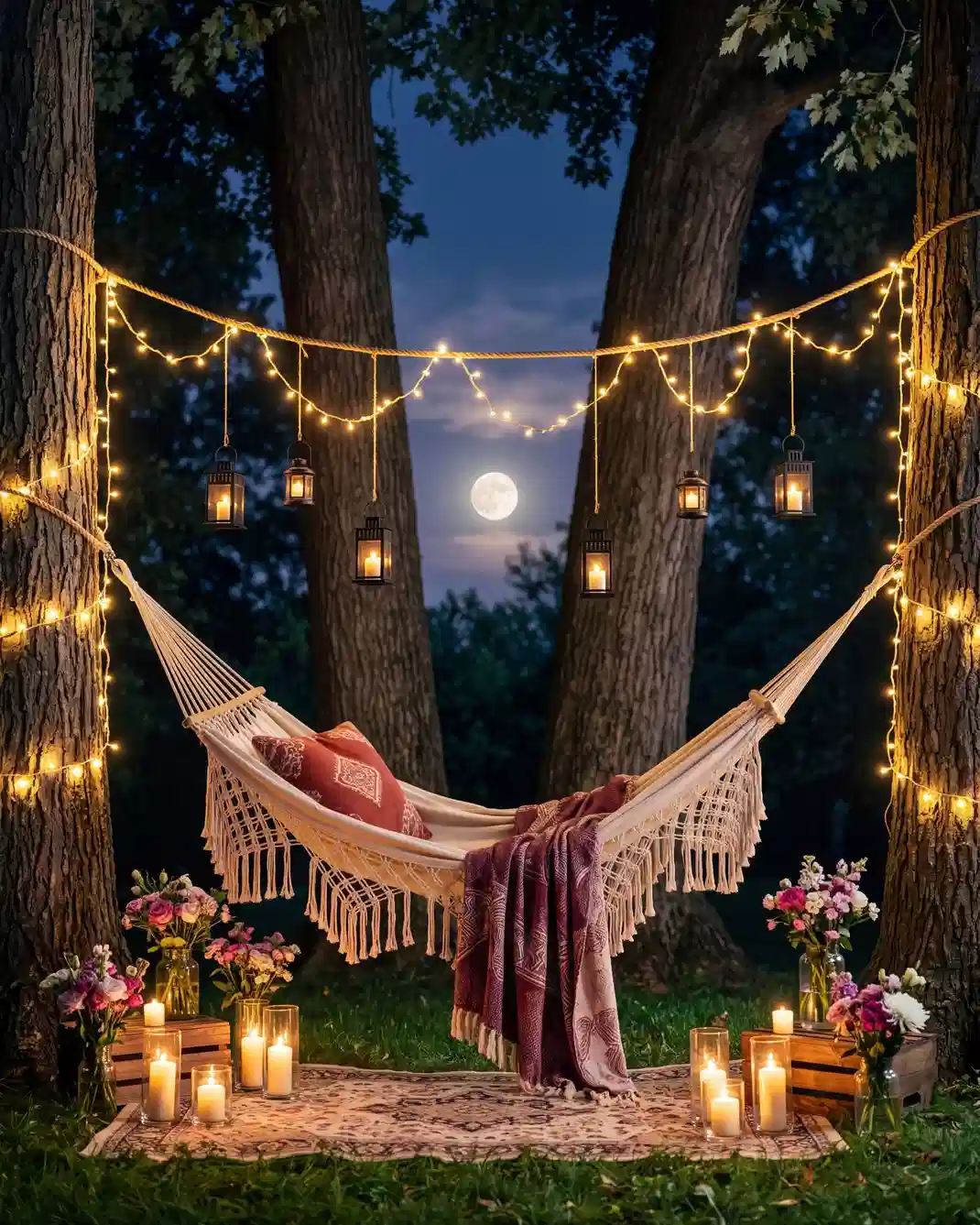 Outdoor string lights above a hammock hanging between trees in a garden