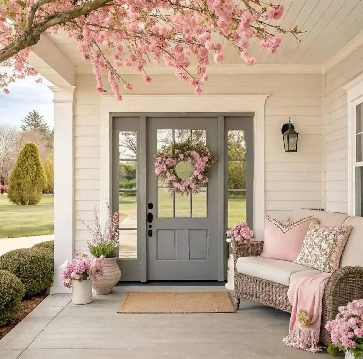 Seasonal covered porch entrance with pink flowers, decorated front door, planters, and greenery