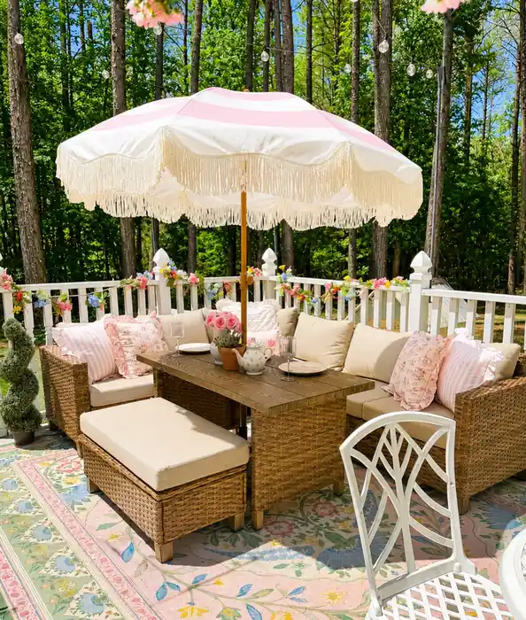Pastel outdoor rug beneath light patio furniture and a white umbrella in a garden seating area.