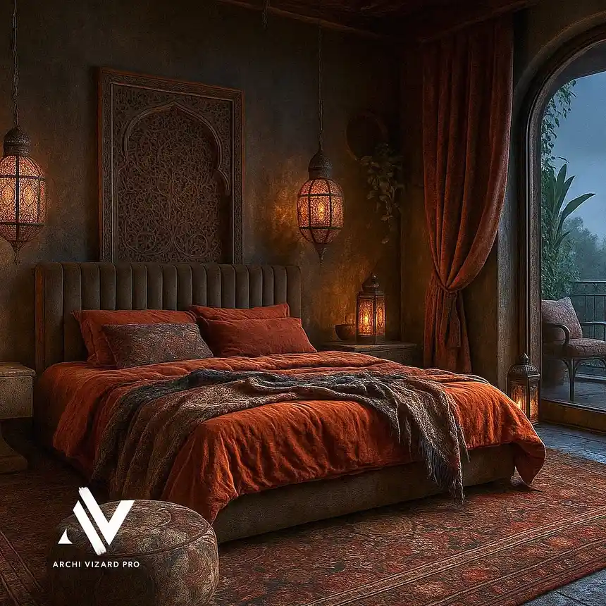 Dark boho bedroom with burnt orange bedding, rust curtains, brown walls, warm lantern lighting, and a tall arched window