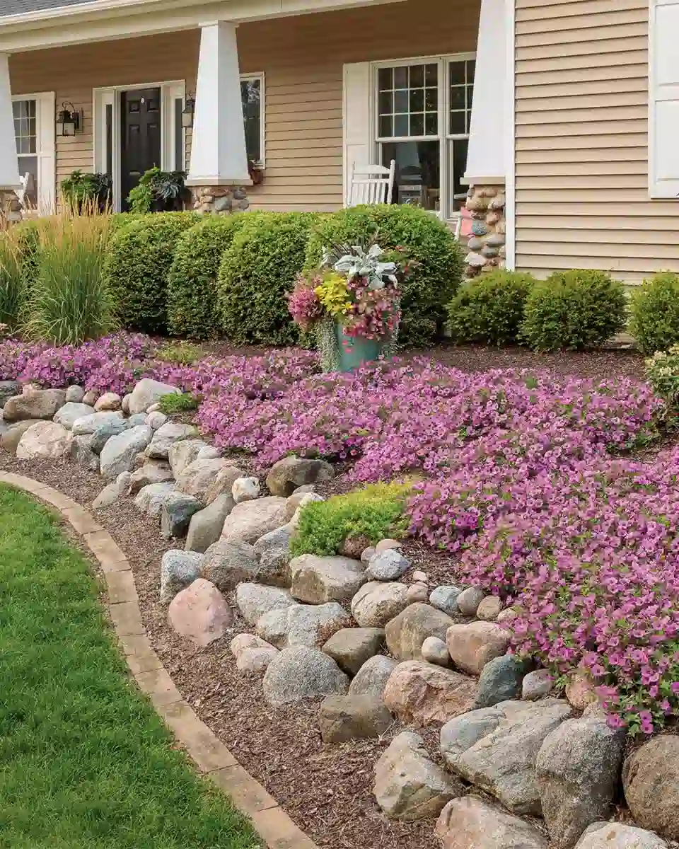 Large rounded stones edging a sloping flower bed with pink ground cover beside the lawn.