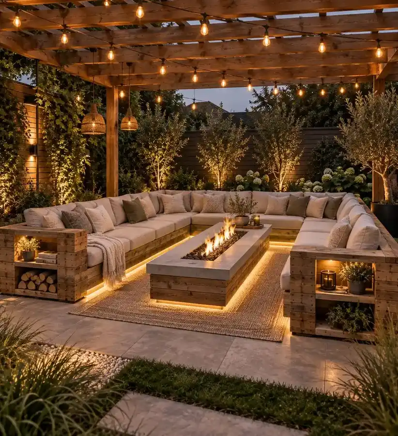 Large covered backyard fire pit lounge with long outdoor seating, rectangular fire feature, and greenery