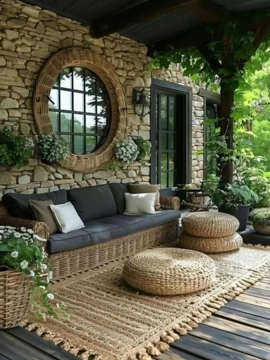 Rustic covered patio with natural wicker sofa, charcoal cushions, woven poufs, and stone wall